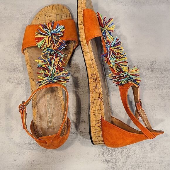 BCBGMaxAzria Orange Suede with Colorful Pom Pom Detail.Sandals, Cork Outsole | 9 - Picture 7 of 10